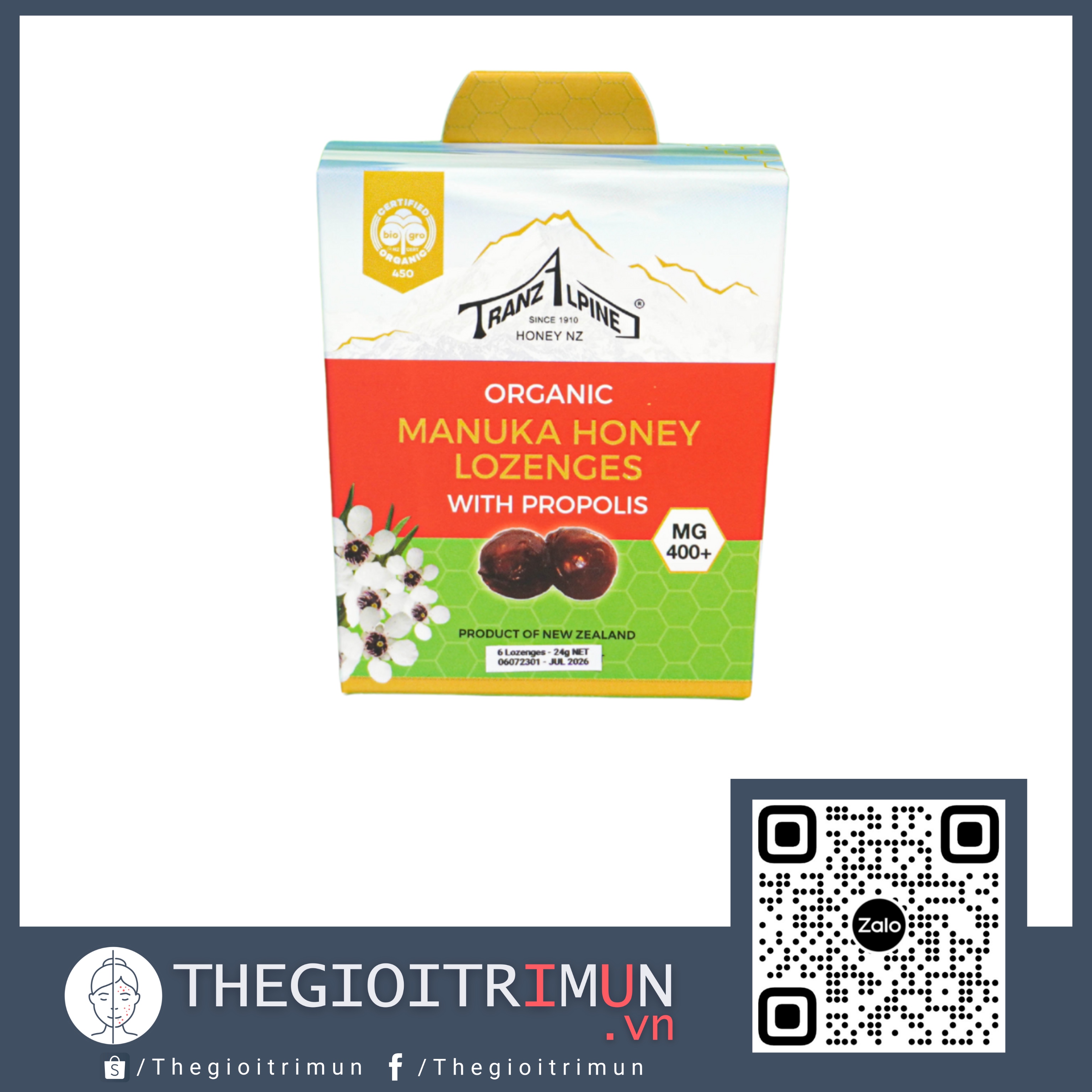 Kẹo Ngậm Trị Ho, Đau Họng Organic Manuka Honey Lozenges MG400+ PLUS (6 Viên)