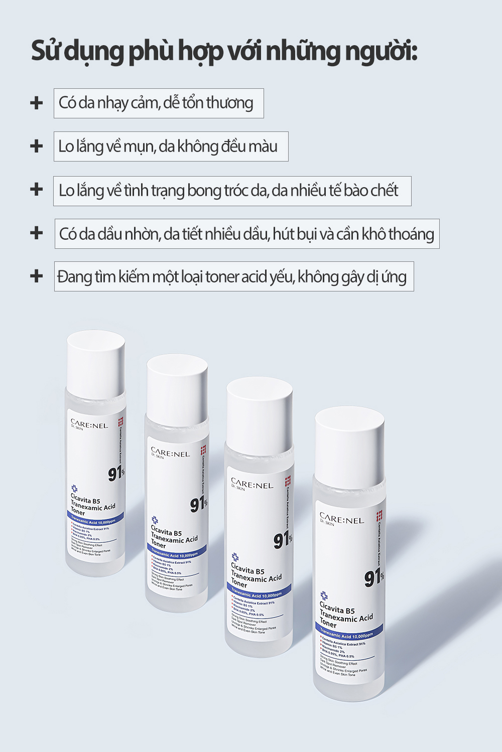Toner ngừa nám sạm làm sạch dịu nhẹ da tăng sinh collagen se khít lỗ chân lông dưỡng da sáng hồng Carenel Cica Vita B5 Tranexamic Acid