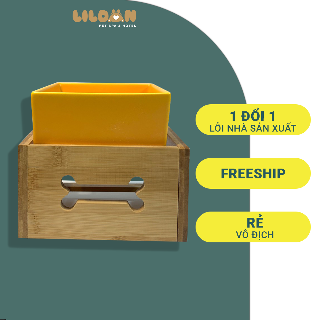 Bát Ăn Chén Ăn - Chén Ăn Hình Vuông Kèm Đế Gỗ Cho Chó Mèo