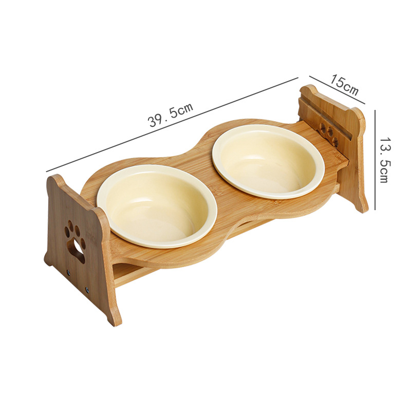 Bát Ăn Chén Ăn - Khay Ăn Đôi Cho Chó Mèo Đế Gỗ Chén Sành