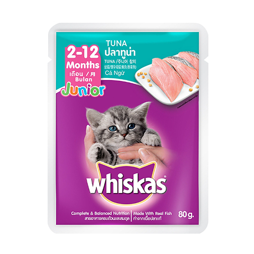 WHISKAS Junior (80g) Pate Cho Mèo Con Dưới 12 Tháng Tuổi Vị Cá Thu, Cá Ngừ