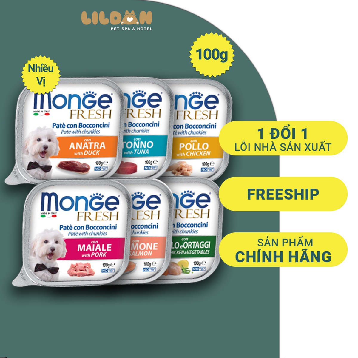 MONGE (100g) Pate Đóng Hộp Dành Cho Chó Con Và Chó Trưởng Thành Nhiều Vị