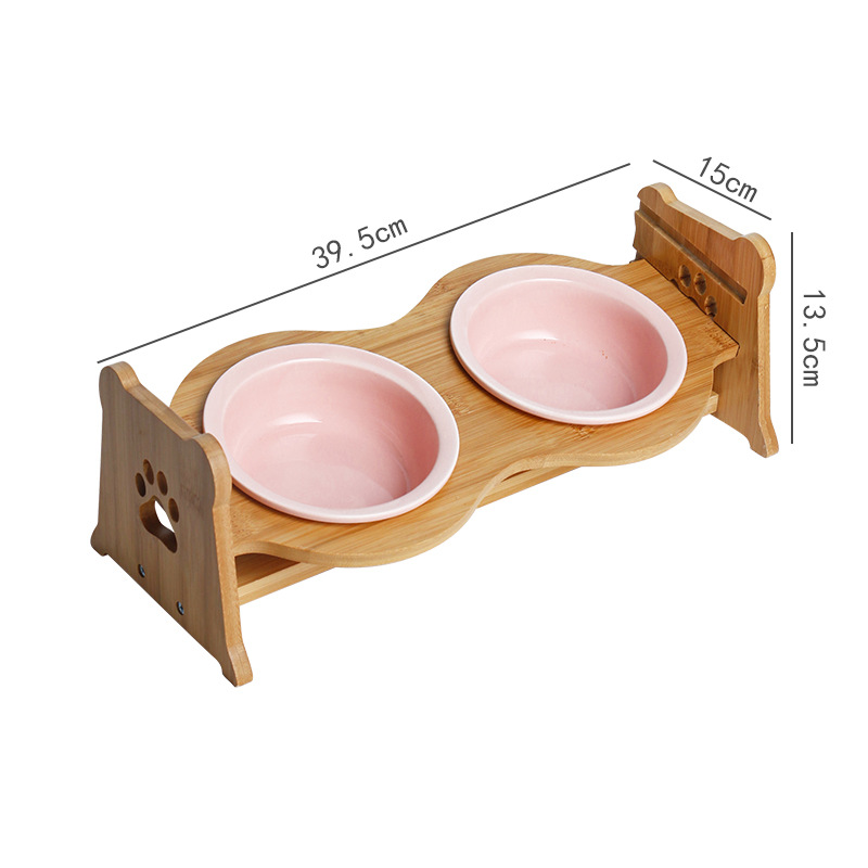 Bát Ăn Chén Ăn - Khay Ăn Đôi Cho Chó Mèo Đế Gỗ Chén Sành