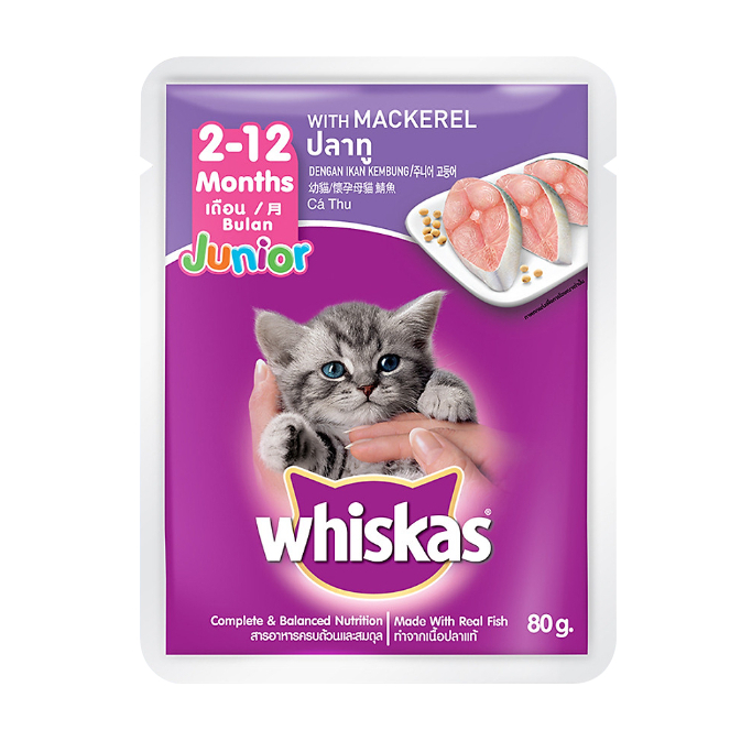 WHISKAS Junior (80g) Pate Cho Mèo Con Dưới 12 Tháng Tuổi Vị Cá Thu, Cá Ngừ