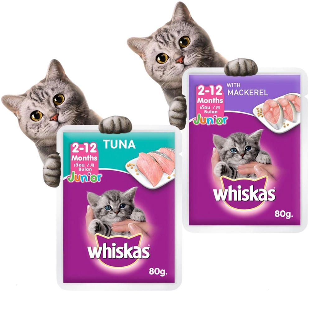WHISKAS Junior (80g) Pate Cho Mèo Con Dưới 12 Tháng Tuổi Vị Cá Thu, Cá Ngừ