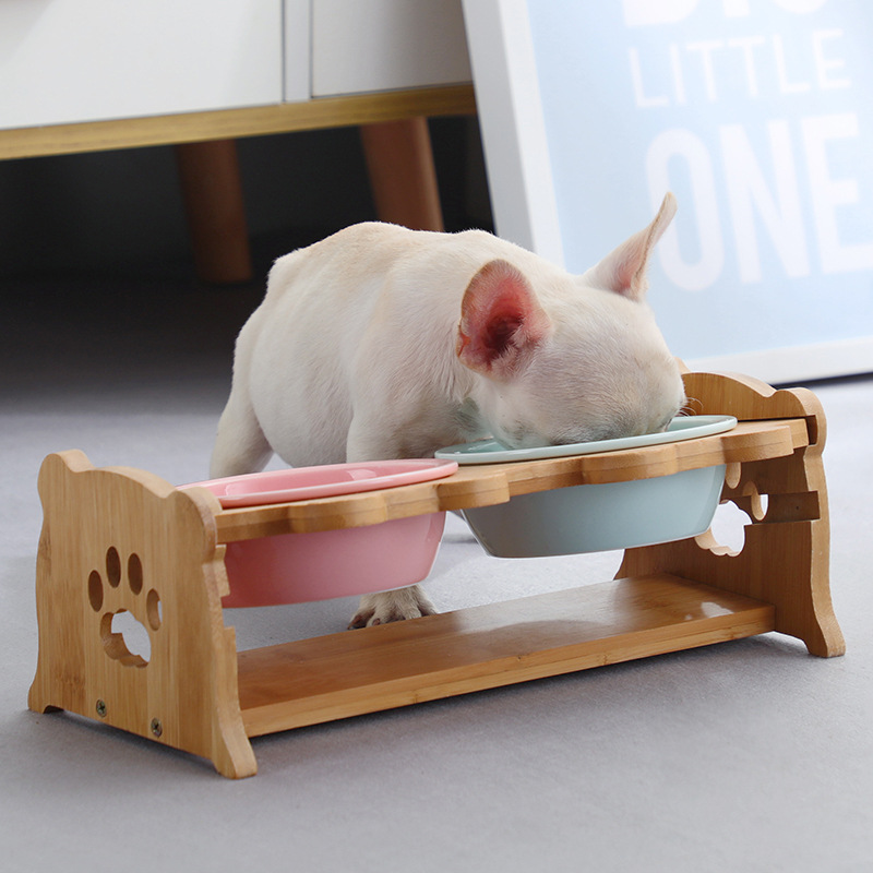 Bát Ăn Chén Ăn - Khay Ăn Đôi Cho Chó Mèo Đế Gỗ Chén Sành