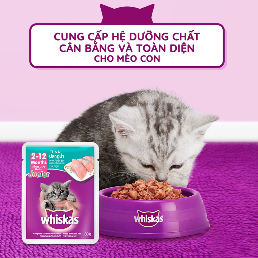 WHISKAS Junior (80g) Pate Cho Mèo Con Dưới 12 Tháng Tuổi Vị Cá Thu, Cá Ngừ