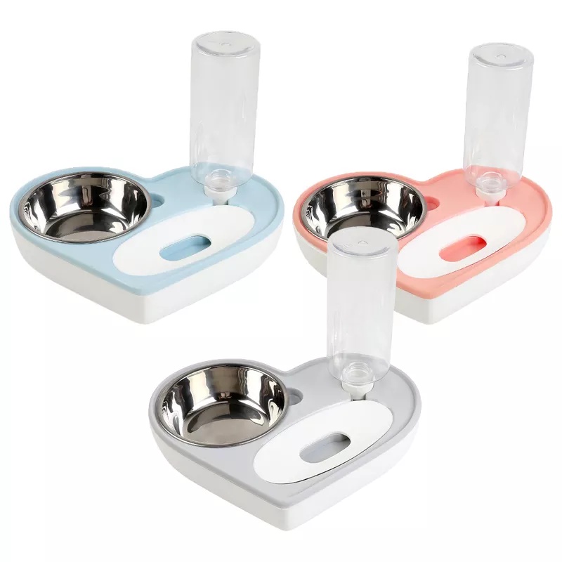 Bát Ăn Chén Ăn - Khay Ăn Hình Trái Tim Có Bình Nước Tự Động Cho Chó Mèo
