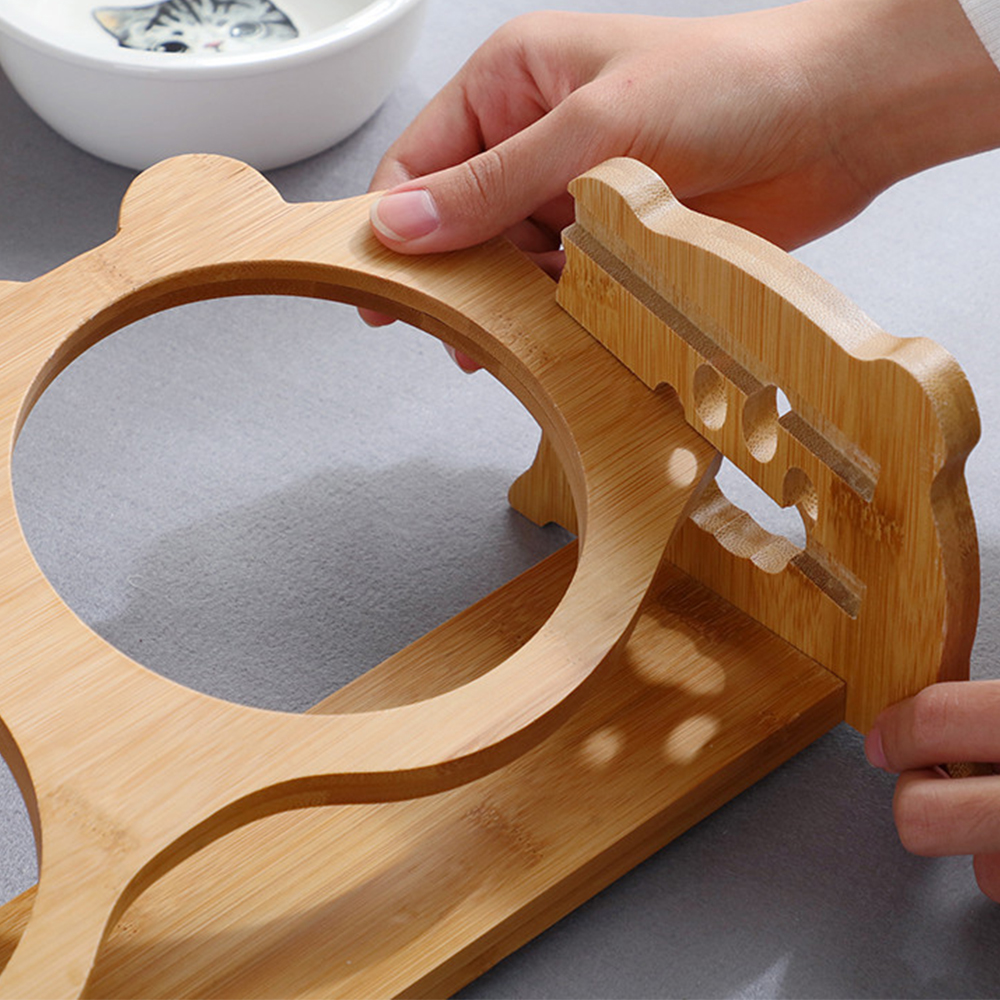 Bát Ăn Chén Ăn - Khay Ăn Đôi Cho Chó Mèo Đế Gỗ Chén Sành