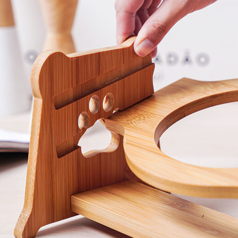 Bát Ăn Chén Ăn - Khay Ăn Đôi Cho Chó Mèo Đế Gỗ Chén Sành