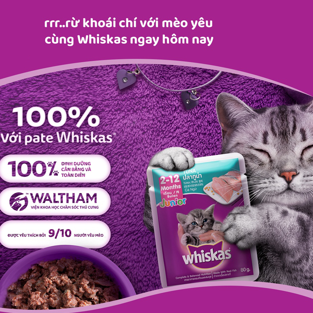 WHISKAS Junior (80g) Pate Cho Mèo Con Dưới 12 Tháng Tuổi Vị Cá Thu, Cá Ngừ