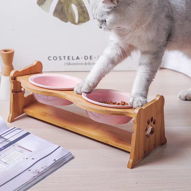 Bát Ăn Chén Ăn - Khay Ăn Đôi Cho Chó Mèo Đế Gỗ Chén Sành