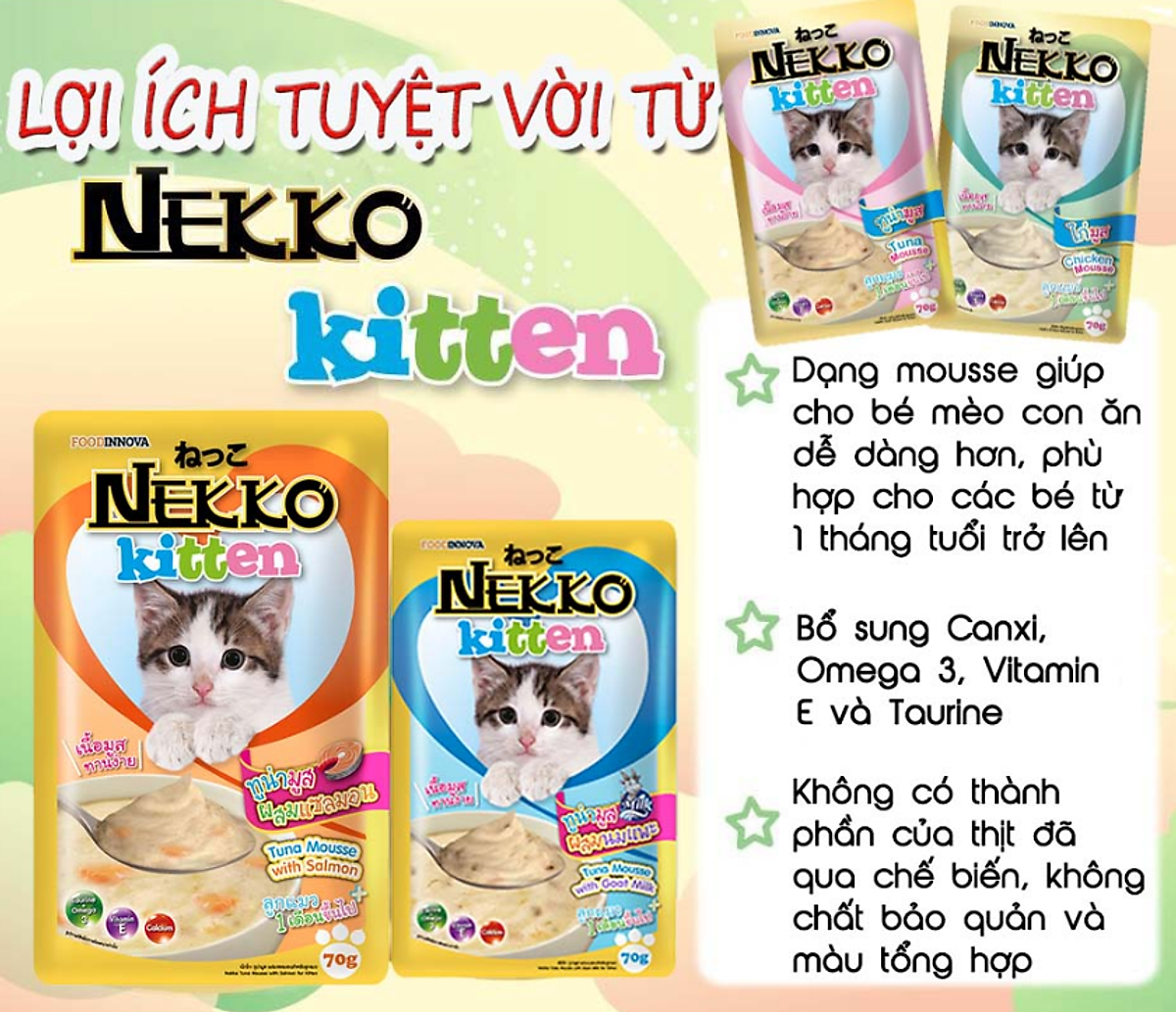 NEKKO KITTEN (70g) Pate Cho Mèo Con Dưới 12 Tháng Tuổi Vị Gà, Cá Ngừ