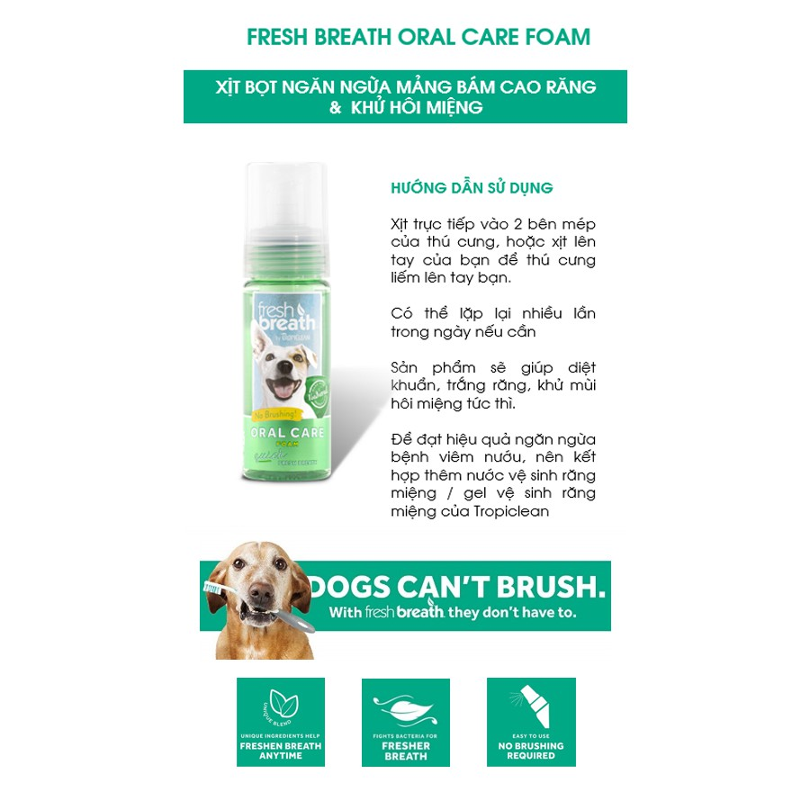 TROPICLEAN (133ml) Xịt Bọt Khử Mùi Hôi Miệng Và Ngừa Mảng Bám Cho Chó