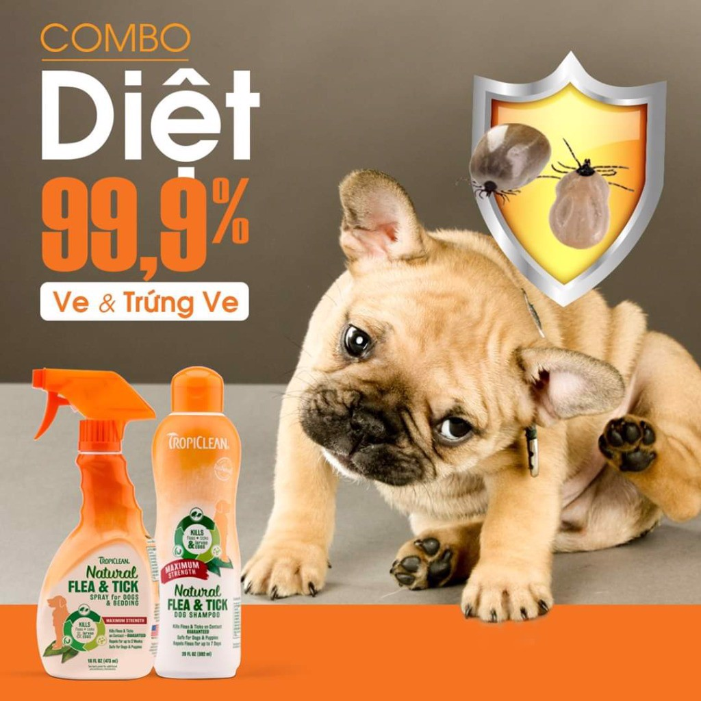 TROPICLEAN Xịt diệt ve và bọ chét dùng cho chó trên 12 tuần tuổi - 473ml - Hàng nhập khẩu