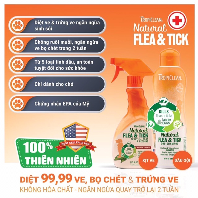 TROPICLEAN Xịt diệt ve và bọ chét dùng cho chó trên 12 tuần tuổi - 473ml - Hàng nhập khẩu