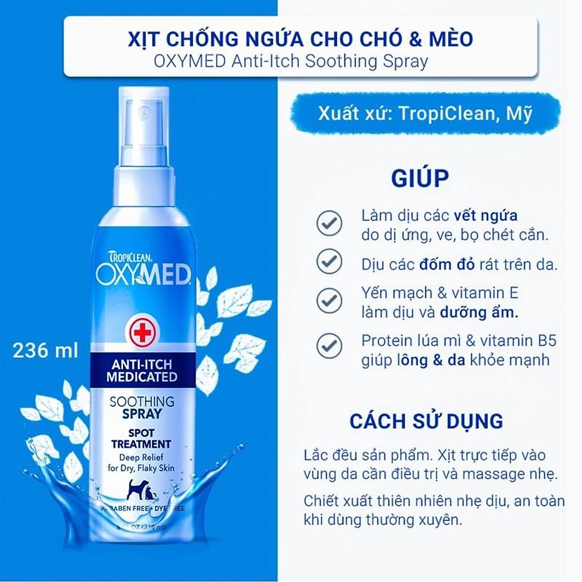 TROPICLEAN OXYMED Xịt chống ngứa cho chó mèo, làm dịu vết ngứa do dị ứng, bọ chét cắn - 236ml - Hàng nhập khẩu