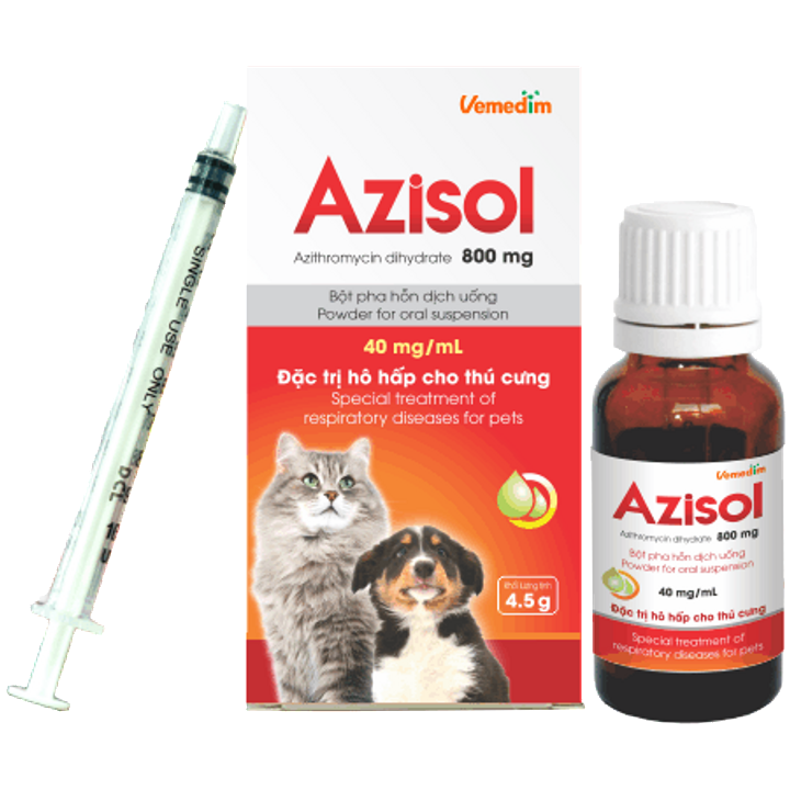 Azisol -Trị nhiễm khuẩn đường hô hấp, tiêu hóa, cho chó, mèo.