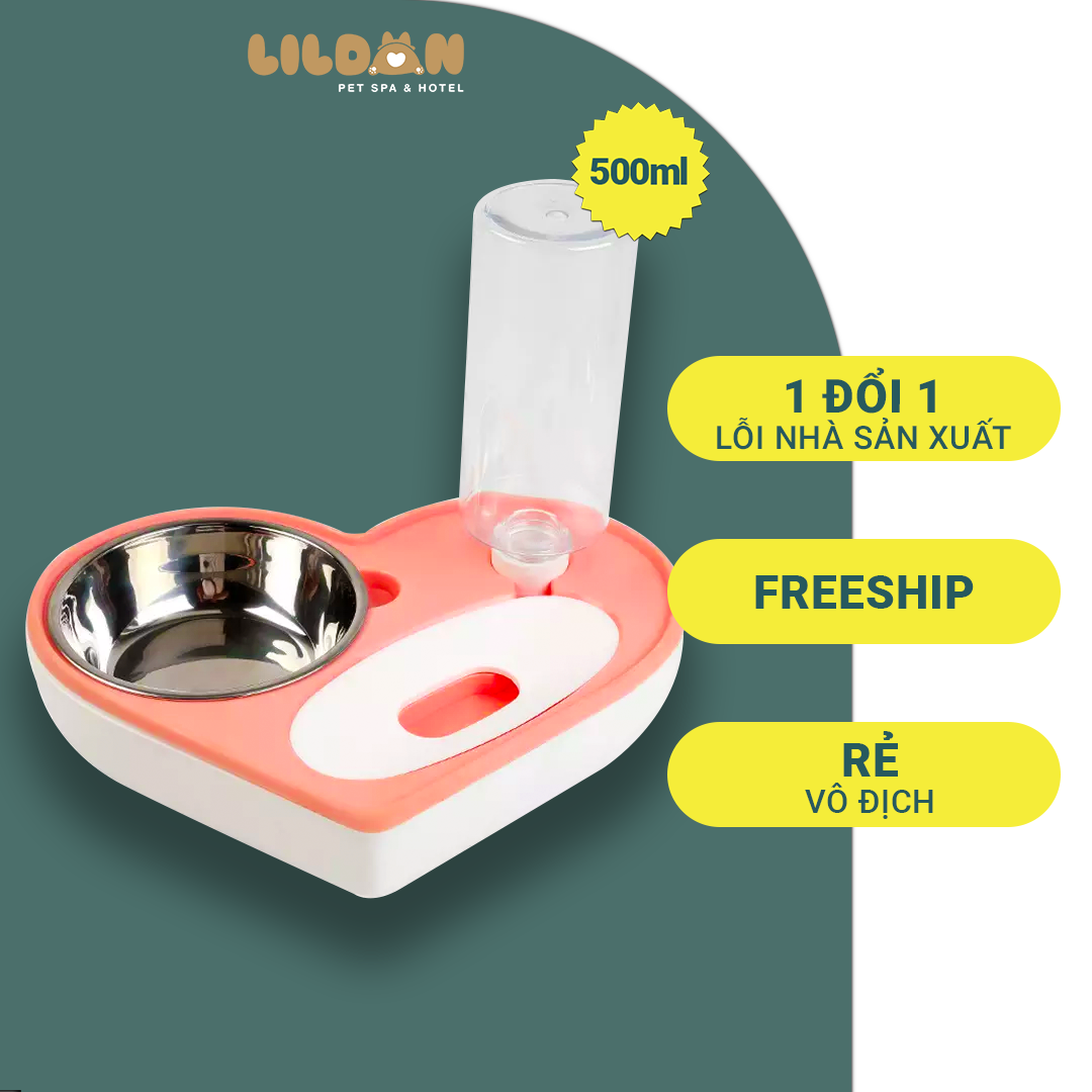 Bát Ăn Chén Ăn - Khay Ăn Hình Trái Tim Có Bình Nước Tự Động Cho Chó Mèo