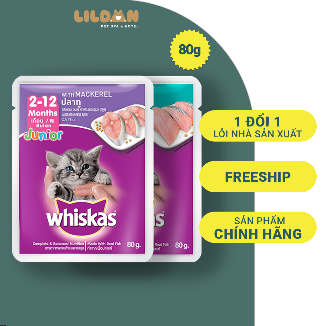 WHISKAS Junior (80g) Pate Cho Mèo Con Dưới 12 Tháng Tuổi Vị Cá Thu, Cá Ngừ