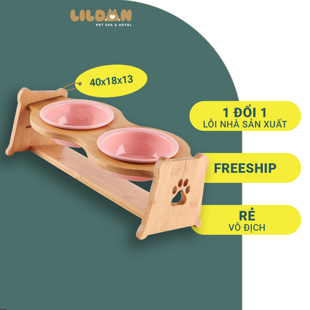 Bát Ăn Chén Ăn - Khay Ăn Đôi Cho Chó Mèo Đế Gỗ Chén Sành