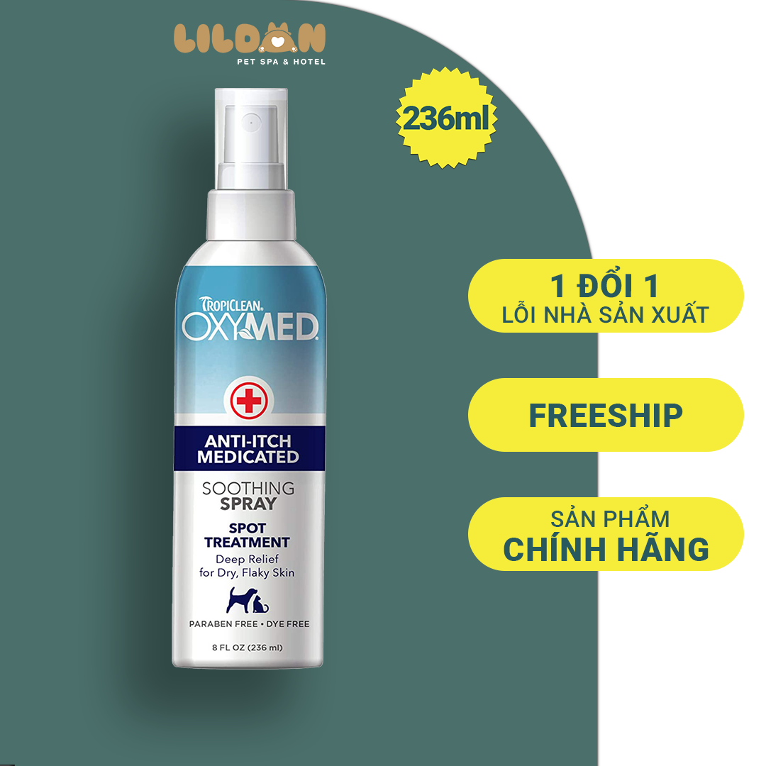 TROPICLEAN OXYMED Xịt chống ngứa cho chó mèo, làm dịu vết ngứa do dị ứng, bọ chét cắn - 236ml - Hàng nhập khẩu