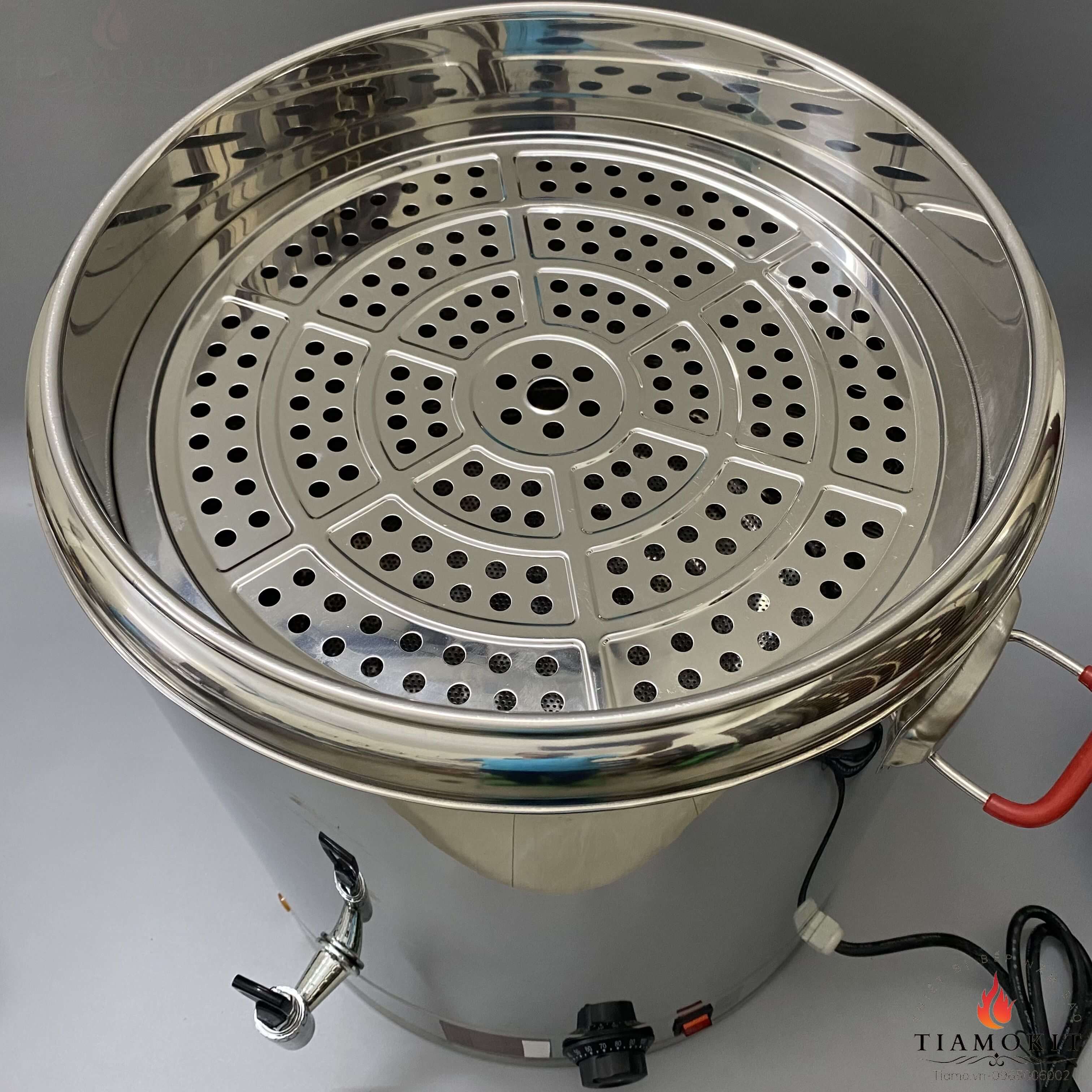 Nồi điện 60 lít inox 304 có xửng hấp, có vòi