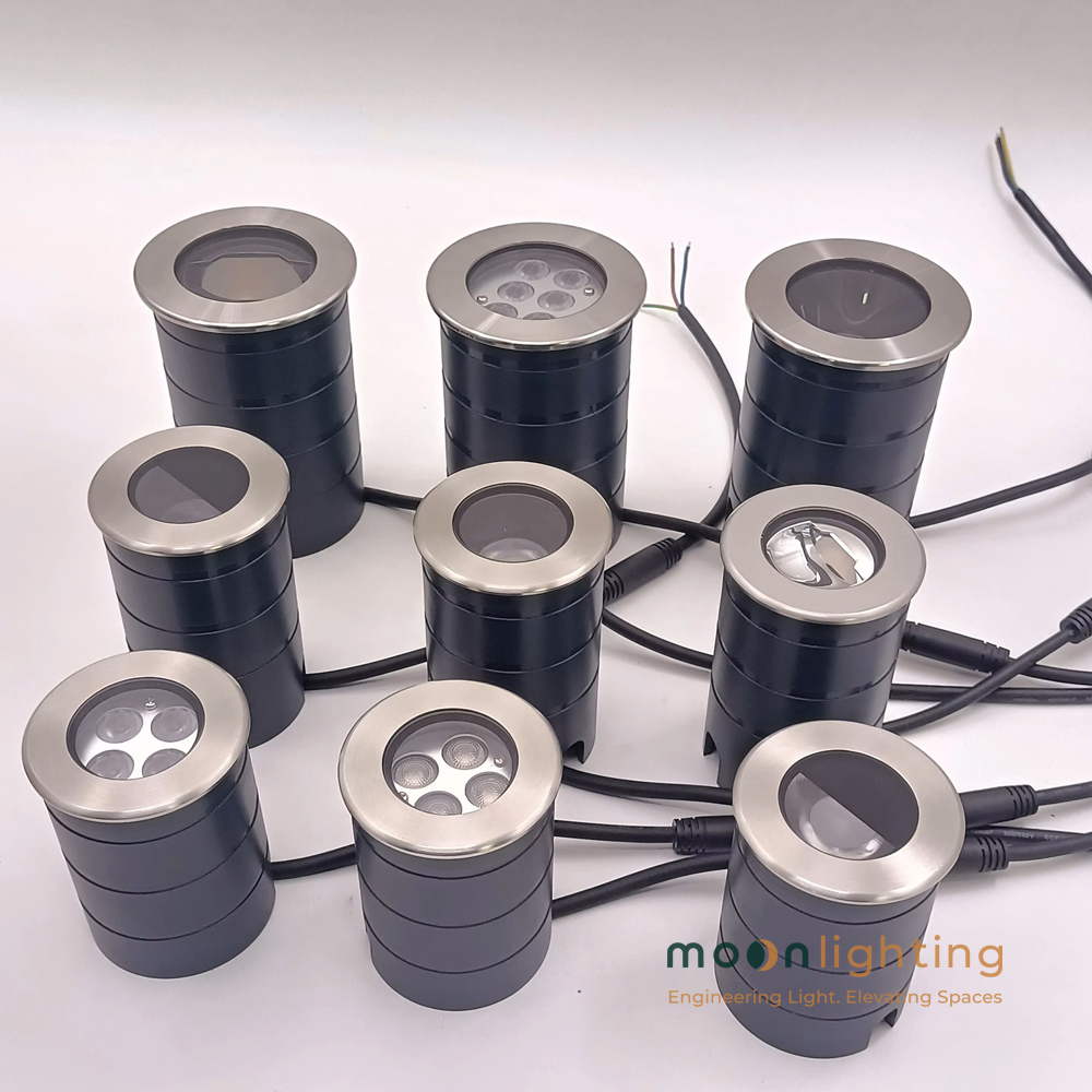 Hình ảnh thực tế tổng hợp các loại mặt chóa tùy chọn của dòng đèn LED âm đất siêu nhỏ MG-316 Series Moon Lighting