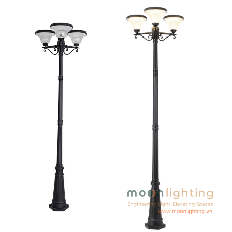 Tổng thể hình dáng thiết kế đèn cột sân vườn năng lượng mặt trời MG-SL019 loại 3 tay chùm cao 2.63m chế độ bật sáng và tắt