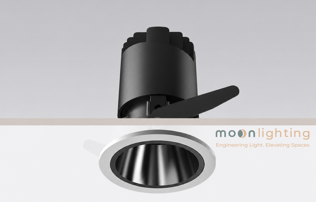 Cận cảnh bề mặt nhôm đúc và thấu kính đèn Spotlight Moon Lighting MG-100301E50