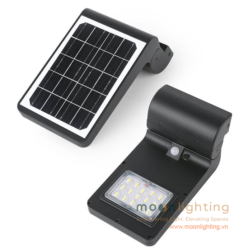 Tổng quan mặt trước và mặt sau đèn gắn tường năng lượng mặt trời MG-SL1801 thiết kế thân cong tinh tế Moon Lighting