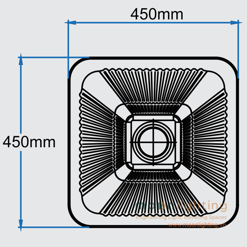 Bản vẽ kích thước vuông 450x450mm đầu đèn cột sân vườn MG-SL011 nhìn từ trên xuống Bản vẽ kỹ thuật đầu đèn cột sân vườn năng lượng mặt trời MG-SL011 góc nhìn từ trên xuống Moon Lighting