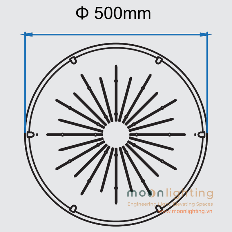 Bản vẽ kích thước bề mặt gắn mặt LED đường kính 500mm đèn trụ sân vườn năng lượng mặt trời MG-SL005