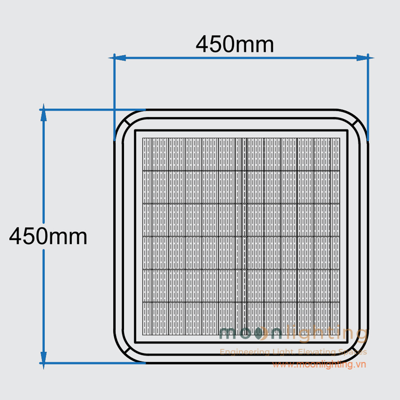 Bản vẽ kích thước bề mặt tấm pin năng lượng mặt trời 450x450mm đèn cột sân vườn MG-SL011 Moon Lighting