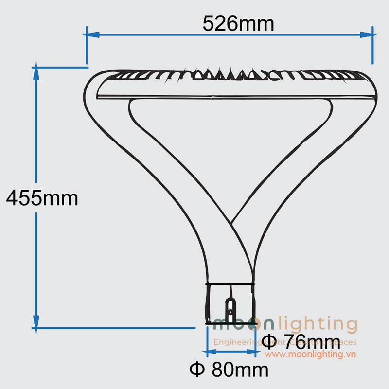 Bản vẽ kích thước chiều cao 455mm đường kính 526mm và cổ cắm 76mm 80mm đèn cột sân vườn điện lưới 220V MG-SL015 Moon Lighting