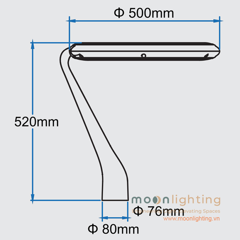 Bản vẽ kích thước tổng thể đầu đèn cột sân vườn MG-SL009 đường kính 500mm chiều cao 520mm cổ cắm 76mm