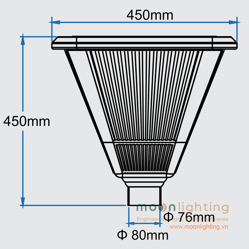 Bản vẽ kích thước tổng thể và đường kính cổ cắm Ø76mm Ø80mm đèn cột sân vườn MG-SL011 Moon Lighting
