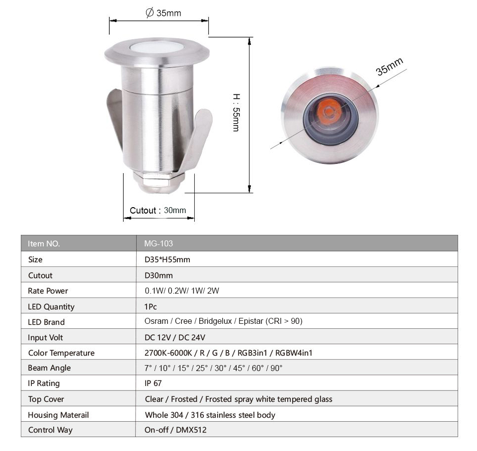 Bản vẽ kích thước D35xH55mm và thông số kỹ thuật lỗ chờ D30mm đèn âm đất mini MG-103