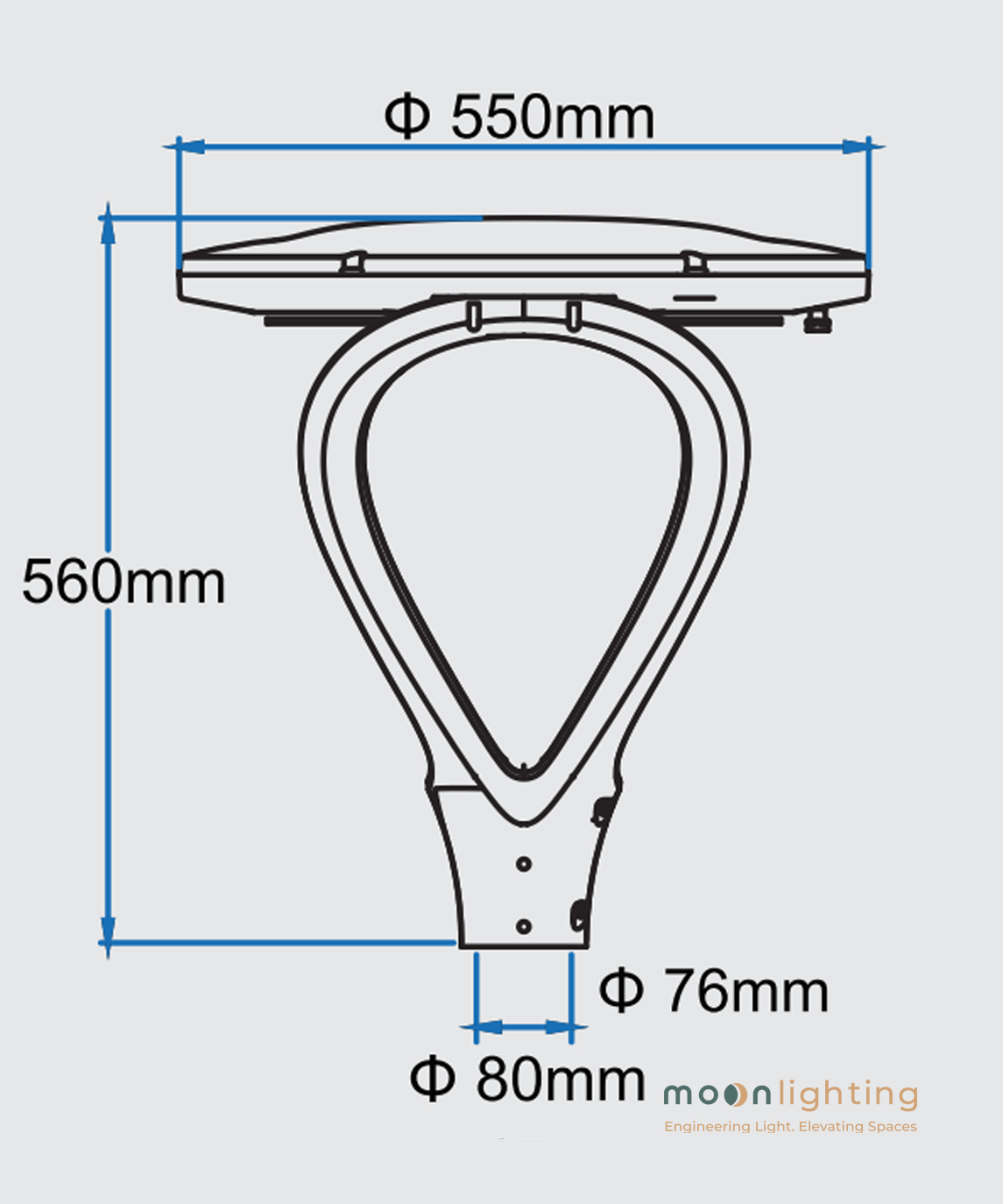 Bản vẽ kích thước góc ngang chiều cao 560mm đường kính Φ550mm Đèn cột sân vườn Solar MG-SL001