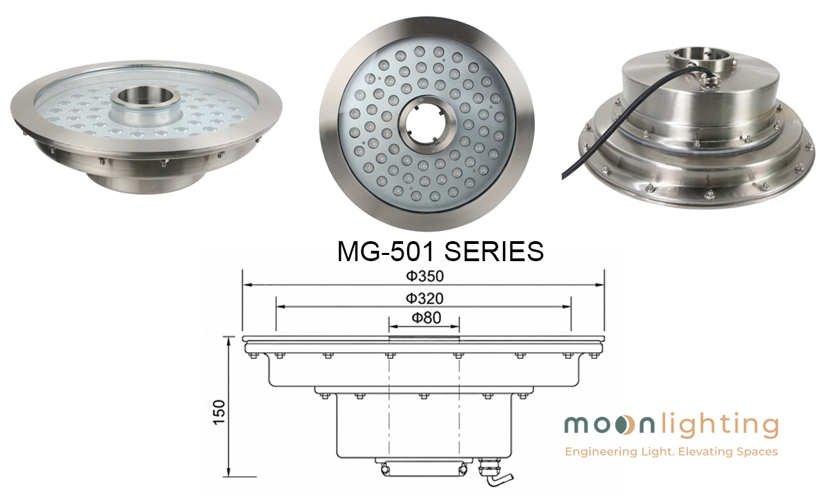 Thông số kỹ thuật bản vẽ kích thước D300mm D380mm lỗ khoét D80mm Đèn LED Âm Nước Đài Phun Nước Bánh Xe MG-501 48W 60W 72W Moon Lighting