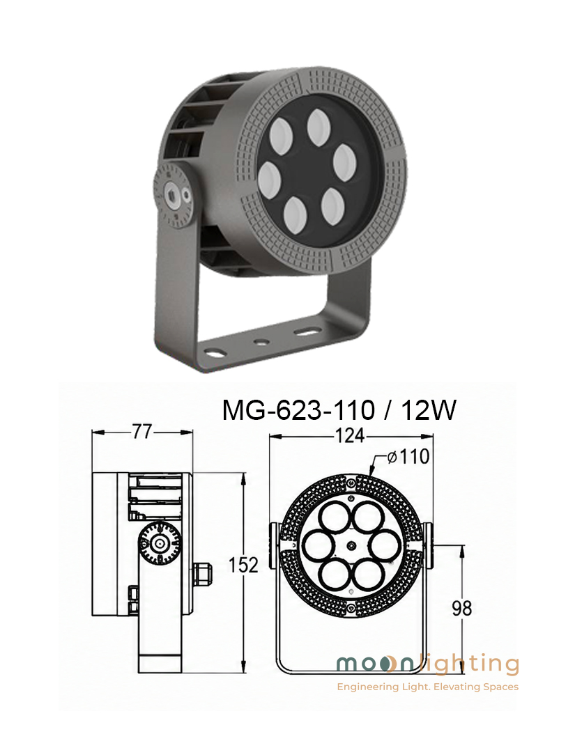Bản vẽ thông số kỹ thuật kích thước đèn LED chiếu điểm ngoài trời Project Light MG-623-110 công suất 12W Moon Lighting