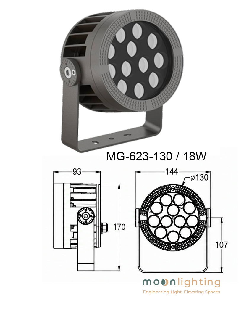 Bản vẽ thiết kế kích thước đèn LED chiếu điểm ngoài trời Project Light MG-623-130 công suất 18W Moon Lighting