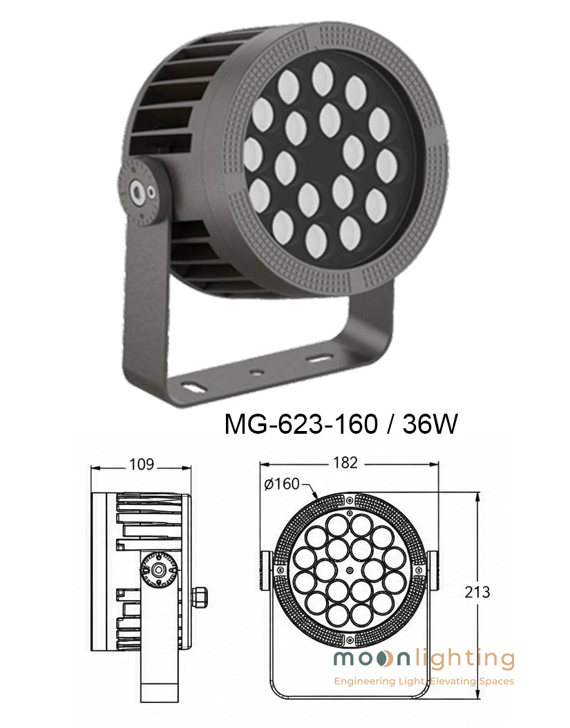 Bản vẽ kích thước chi tiết đèn LED chiếu điểm ngoài trời Project Light MG-623-160 công suất 36W Moon Lighting