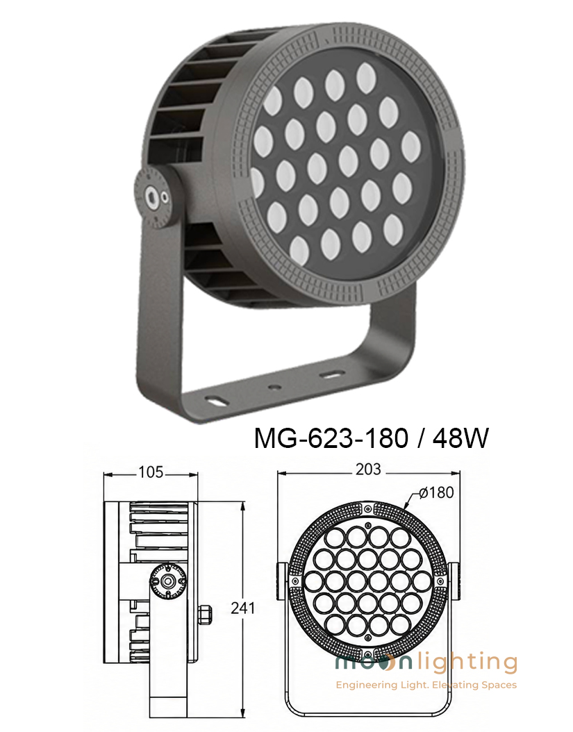 Bản vẽ thông số kỹ thuật kích thước đèn LED chiếu điểm ngoài trời Project Light MG-623-180 công suất 48W Moon Lighting
