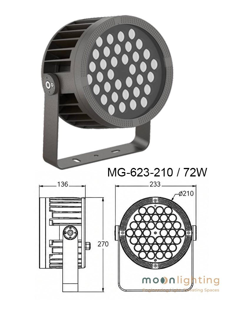 Bản vẽ thiết kế kích thước đèn LED chiếu điểm ngoài trời Project Light MG-623-210 công suất 72W Moon Lighting