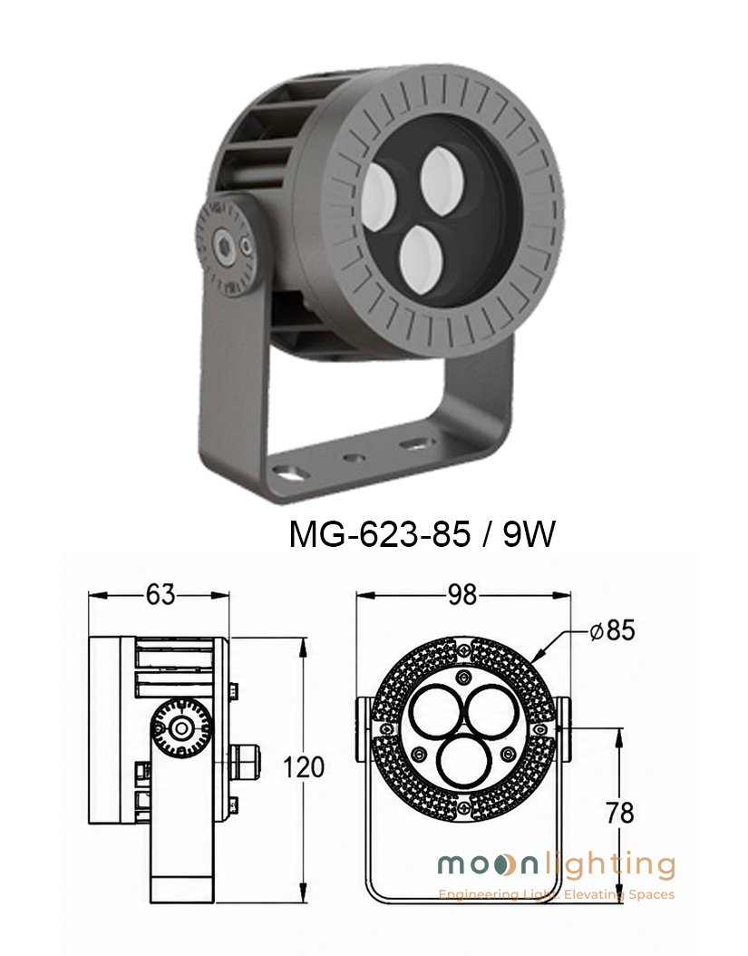 Bản vẽ kích thước chi tiết đèn LED chiếu điểm ngoài trời Project Light MG-623-85 công suất 9W Moon Lighting
