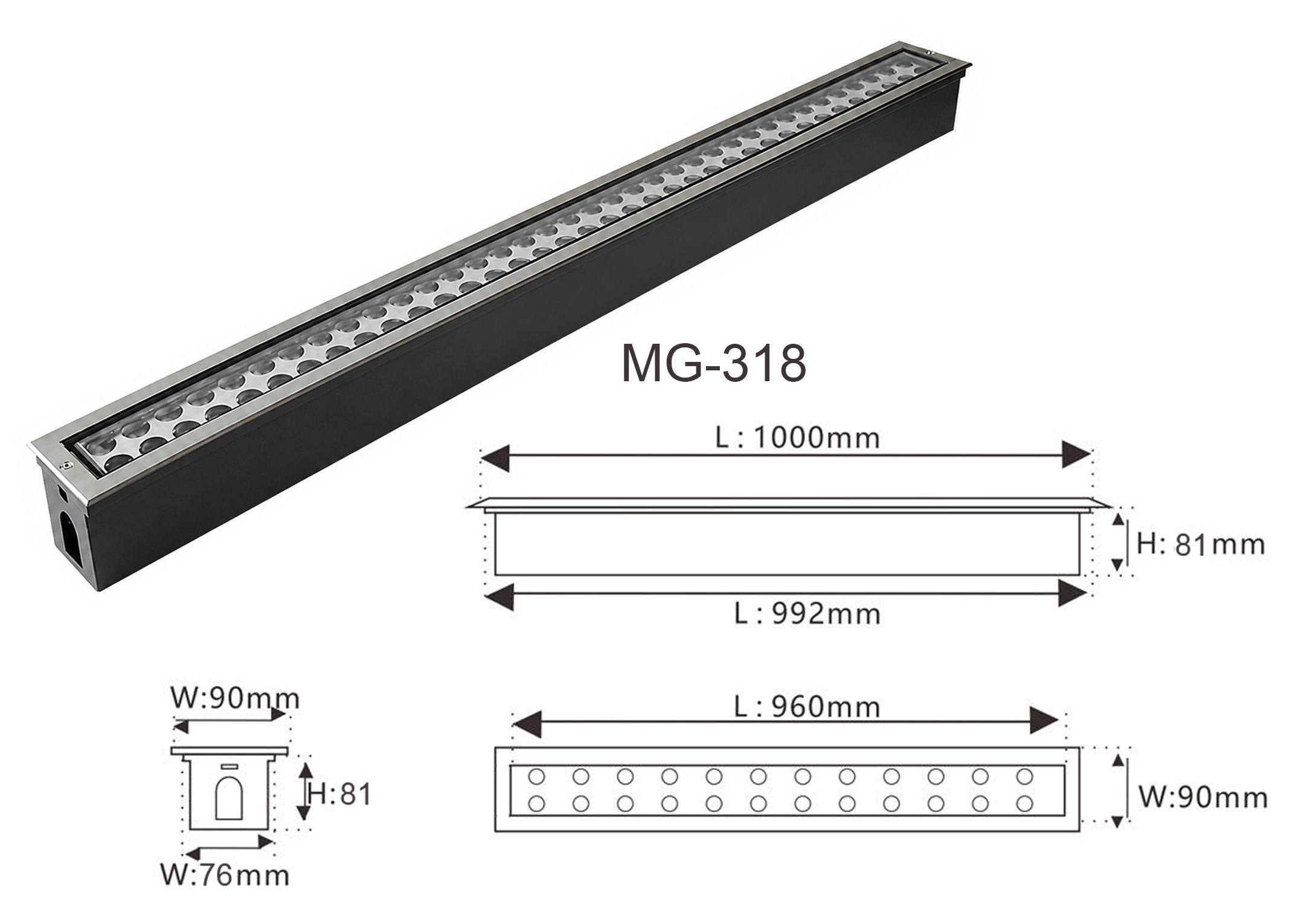 Bản vẽ kích thước chi tiết L1000 W90 H81mm và kích thước lỗ chờ chôn âm L995 W76 H81mm của đèn thanh âm đất MG-318