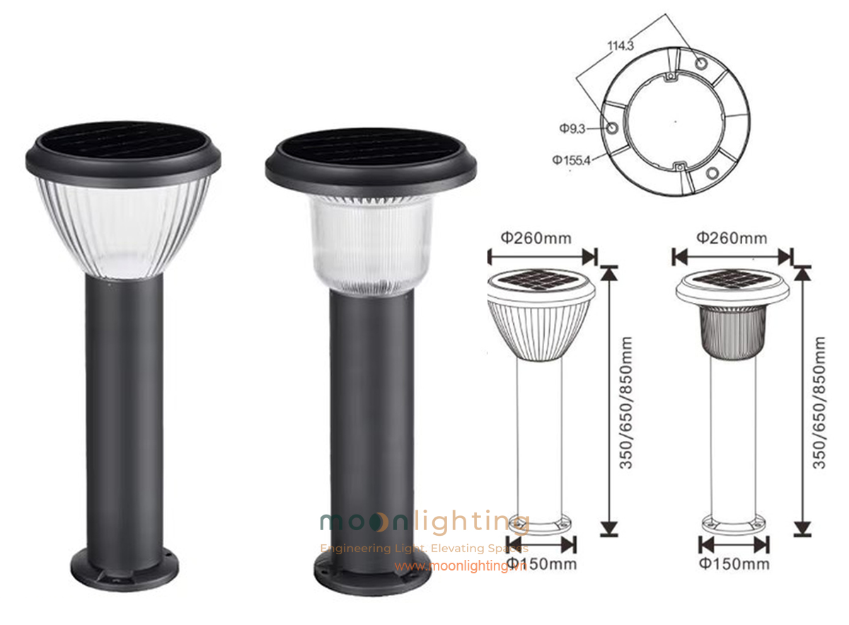 Bản vẽ kích thước chi tiết mặt cắt đường kính chao 260mm, đường kính chân đế 150mm và các chiều cao 350mm 650mm 850mm đèn trụ sân vườn năng lượng mặt trời MG-SL1714 Moon Lighting
