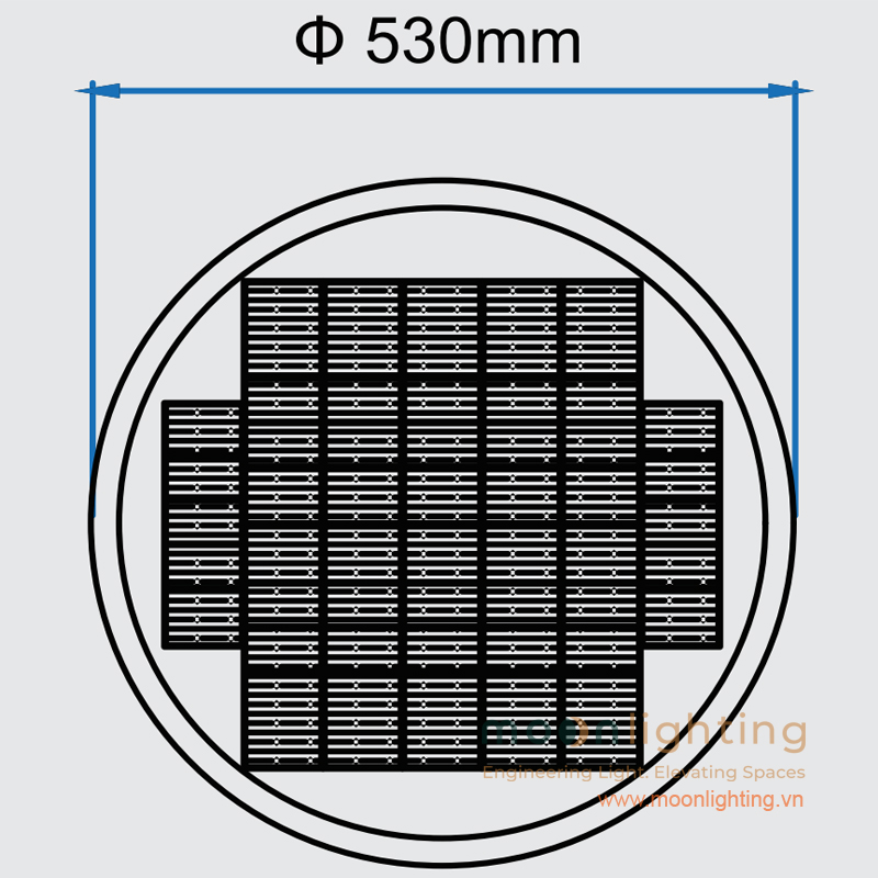 Bản vẽ kích thước bề mặt tấm pin năng lượng mặt trời MG-SL016 Bản vẽ kỹ thuật kích thước đường kính bề mặt tấm pin năng lượng mặt trời Mono Phi 530mm đầu đèn cột sân vườn MG-SL016