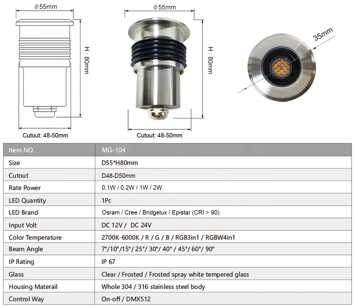 Bản vẽ kỹ thuật kích thước D55xH80mm và đường kính lỗ chờ D48mm đèn âm đất mini MG-104